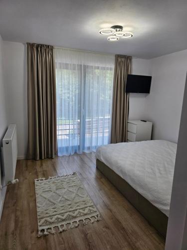 ein Schlafzimmer mit einem Bett und einem großen Fenster in der Unterkunft Vila veverita in Schitu-Tarcău