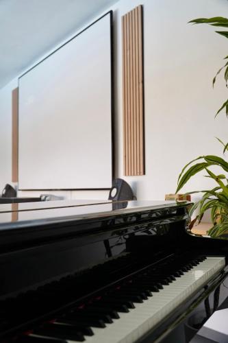 a piano sitting in a room with a plant at Maison Toulouse in Affligem