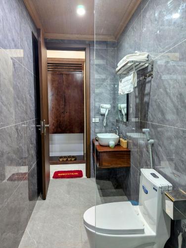 a bathroom with a toilet and a sink at Daisy's Villa TamCoc in Vũ Lâm