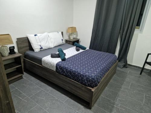 a bedroom with a bed with blue pillows on it at Casa Andries Montanja Rey in Willemstad