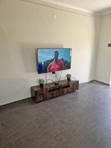a flat screen tv on a wall in a room at Casa Andries Montanja Rey in Willemstad