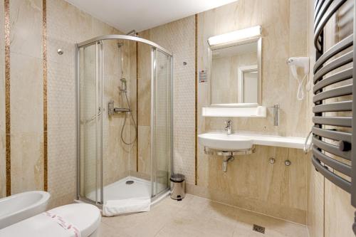 a bathroom with a shower and a toilet and a sink at Malinowy Dwór Hotel Medical SPA in Świeradów-Zdrój