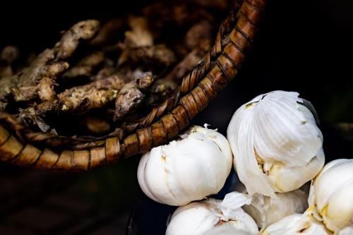 a group of white garlic cloves with aworm at Chameleon Hill Forest Lodge in Bwindi