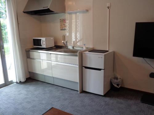 a small kitchen with a sink and a microwave at Villa House Hisago - Vacation STAY 61410v in Kawazu