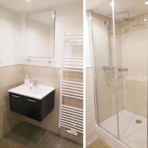 a bathroom with a sink and a shower at "Gruppenspaß" im schönen Ferienhaus für 12 Personen und Hund im Oberharz in Sankt Andreasberg