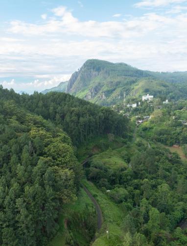 an aerial view of a mountain with a train track at The Cubes Ella in Ella