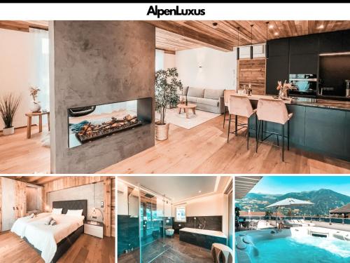 a kitchen and a living room with a fireplace at CLOUD 9 - Penthouse with Private Rooftop Whirlpool & Terrace in Zillertal, presented by AlpenLuxus in Fügen