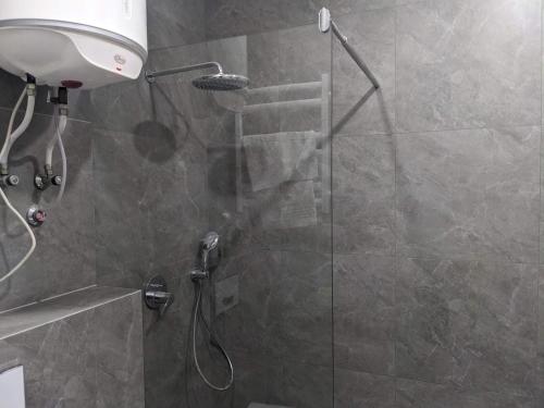 a bathroom with a shower with a glass door at Апартаменти біля парку з бюветом мінеральної води in Truskavets