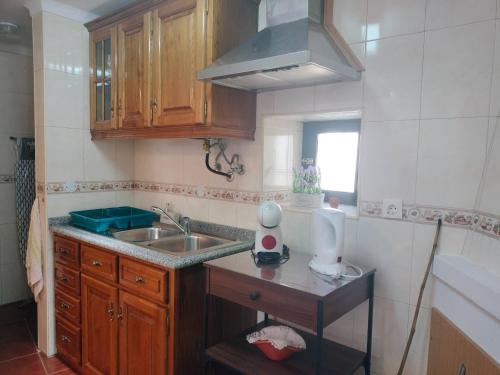 a kitchen with a sink and a counter top at Stone House in Oliveira do Hospital