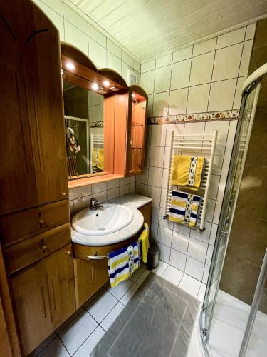 a bathroom with a sink and a shower at Apartment Klapo in Bad Gastein