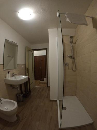 a bathroom with a shower and a toilet and a sink at Milton House in Arezzo