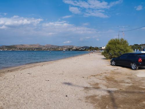 a car parked on a beach next to the water at παραδοσιακό και ήρεμο καταλυμα in Salamís