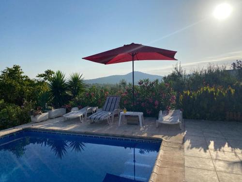 a patio with an umbrella and two chairs and a pool at Casa Ramona in Valencia
