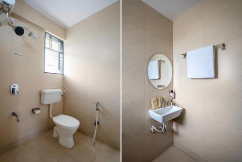 two pictures of a bathroom with a toilet and a sink at Itsy Hotels Metro in Pune