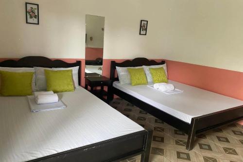 two beds in a room with green and white pillows at Jamjen's Lodge in Baler