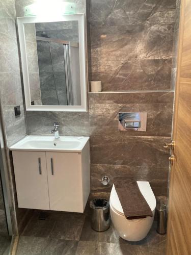 a bathroom with a sink and a toilet and a mirror at Olimpia Hotel in Fethiye