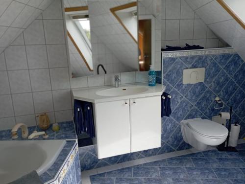 a bathroom with a sink and a toilet and a tub at Himmelsleiter in Schneeberg