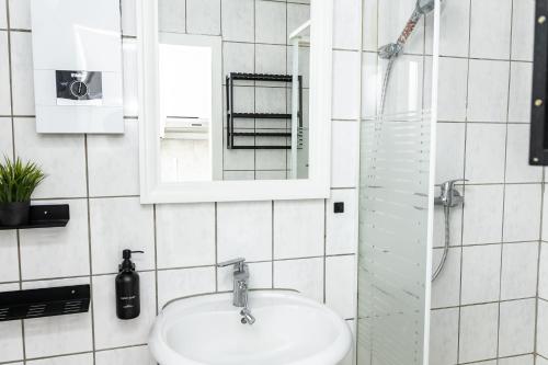 a bathroom with a sink and a mirror and a shower at CosyHomes24 - Spacious with TOP traffic connection - UN02b in Schwerte