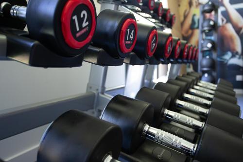 a row of dumbbells lined up in a gym at OSKO Hôtel Toulouse Aéroport in Blagnac