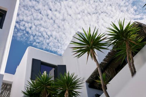 a white house with palm trees in front of it at Myconian Utopia Relais & Chateaux in Elia Beach