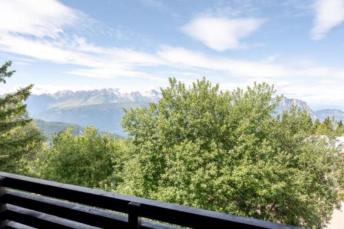 a bench with a view of mountains and trees at Hotel Dolomiti Chalet in Vason