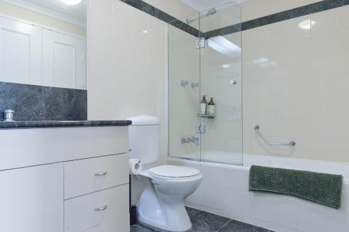 ein weißes Badezimmer mit Toilette und Dusche in der Unterkunft Family Harbour Escape with Harbour Views & Parking in Sydney