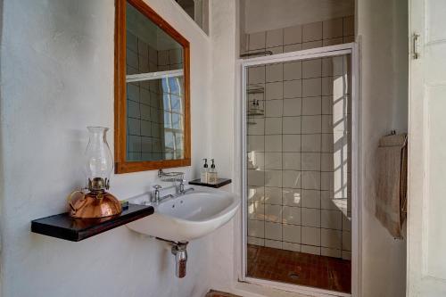 a bathroom with a sink and a mirror at Melkkamer Vlei Cottage in De Hoop Nature Reserve