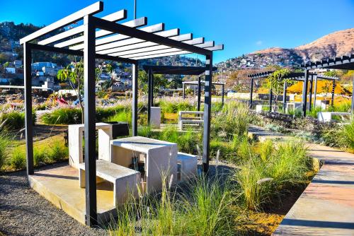 a garden with a bench and a pergola at Departamento en Oaxaca para 18 personas - Con amenidades a 2,5km del centro in Oaxaca City