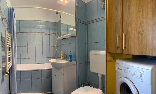 Un pequeño baño con lavabo y lavadora. en Charming flat near Black Sea, en Constanţa