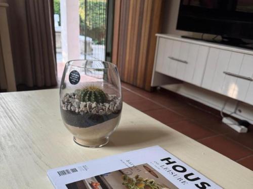 a glass vase with a cactus in it on a table at Rivonia Garden Suites in Johannesburg