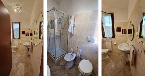 two pictures of a bathroom with two sinks and a shower at Relax e vista Lago Trasimeno vicino Montepulciano in Sant'Albino