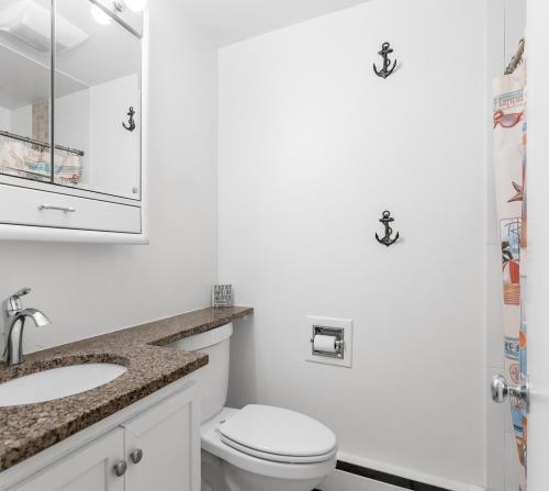 a bathroom with a toilet and a sink and a mirror at 30 Day Rental - Walking Distance to Grand Haven in Grand Haven