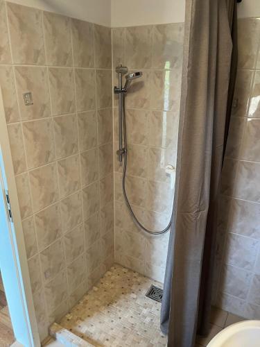 a shower with a shower curtain in a bathroom at Ruhige Gartenwohnung in Königs Wusterhausen