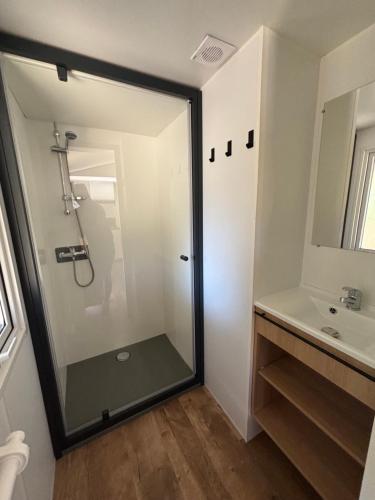 a bathroom with a shower and a sink at Camping Le Miroir in Les Hôpitaux-Neufs