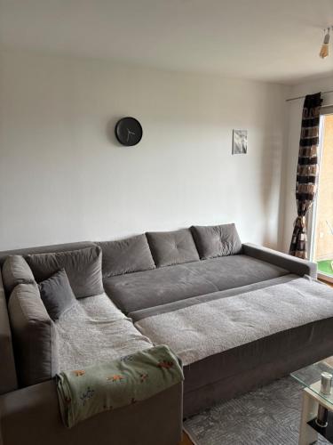 a gray couch in a living room with a window at Apartments Tibra in Sarajevo