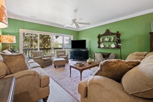 a living room with green walls and couches and a tv at Ruthie's Roost villa by Peace Vacations in Georgetown