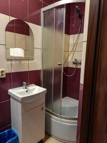 a bathroom with a shower and a sink at Willa Mortęgi in Lubawa
