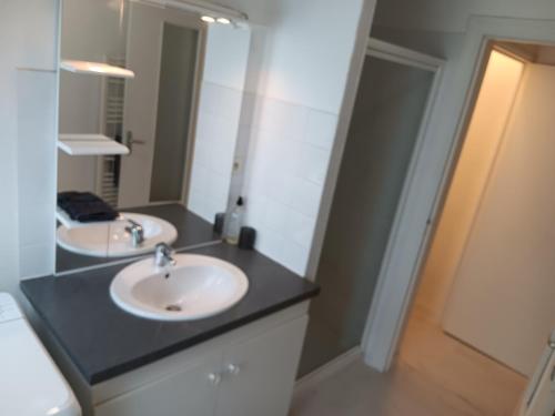 a bathroom with two sinks and a mirror at T1 Bis Proche du centre avec terrasse in Saint-Brieuc