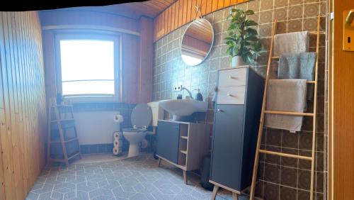 a blue bathroom with a sink and a toilet at Schwarzwald Apartments III in Lenzkirch