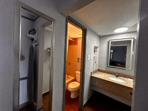 a bathroom with a toilet and a sink and a mirror at Capital O Kings Inn in Memphis