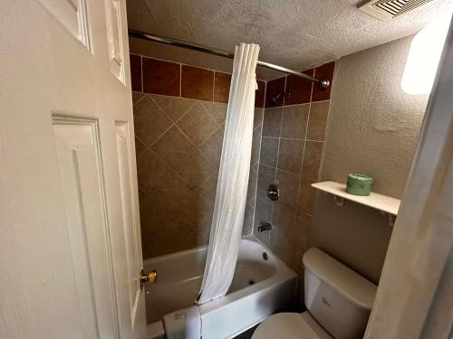 a bathroom with a toilet and a shower with a shower curtain at Capital O Kings Inn in Memphis