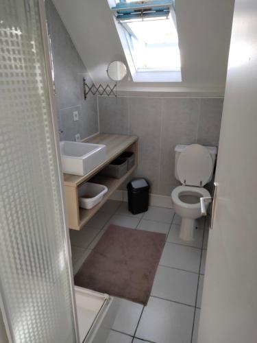 une salle de bains avec lavabo et toilettes dans l'établissement Location vacances kerroch, à Ploemeur