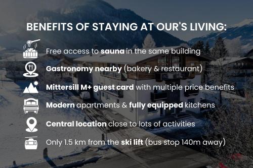 a flyer with the benefits of staying at ours living at Our's Living - modern Apartments with Sauna near Kitzbüheler Alpen ski lift in Hollersbach im Pinzgau
