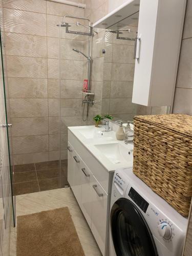 a bathroom with a washing machine and a sink at Bella Z Apartman in Kaposvár