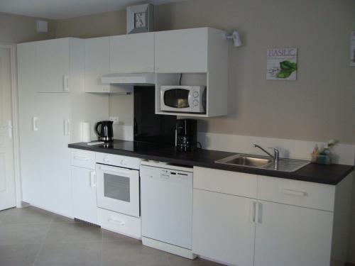 Una cocina blanca con fregadero y microondas. en Au temps présent, en Oraison