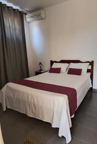 a bedroom with a large bed with red and white pillows at Unibarão Hotel -Próximo as Universidades Unicamp-Puc-Hospitais -Bancos-Restaurantes-Praça Capital -Shopping Dom Pedro - Expo dom pedro-Ceasa in Campinas