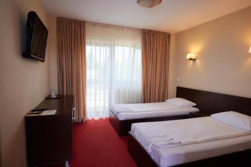 a hotel room with two beds and a window at Pensiunea Rami in Războeni