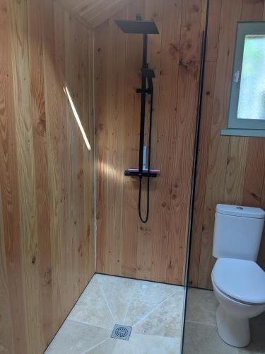 a bathroom with a toilet and a glass wall at Studio Eco-Rénové in Saint-Christophe-sur-le-Nais