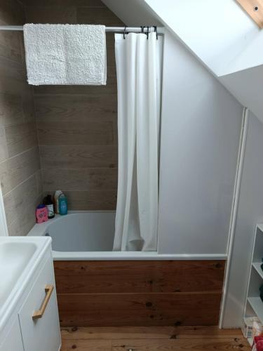 a bathroom with a bath tub with a shower curtain at maison ISIS aeroport tillé 2 a 4 personnes in Tillé