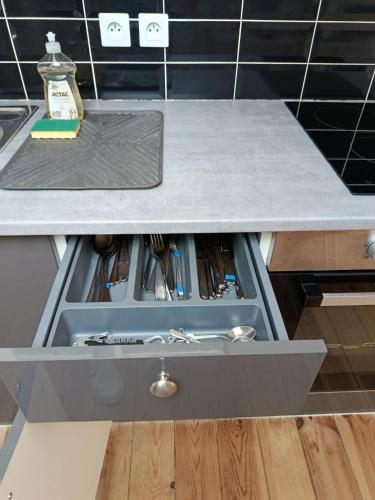 a drawer under a kitchen counter with a sink at maison ISIS aeroport tillé 2 a 4 personnes in Tillé